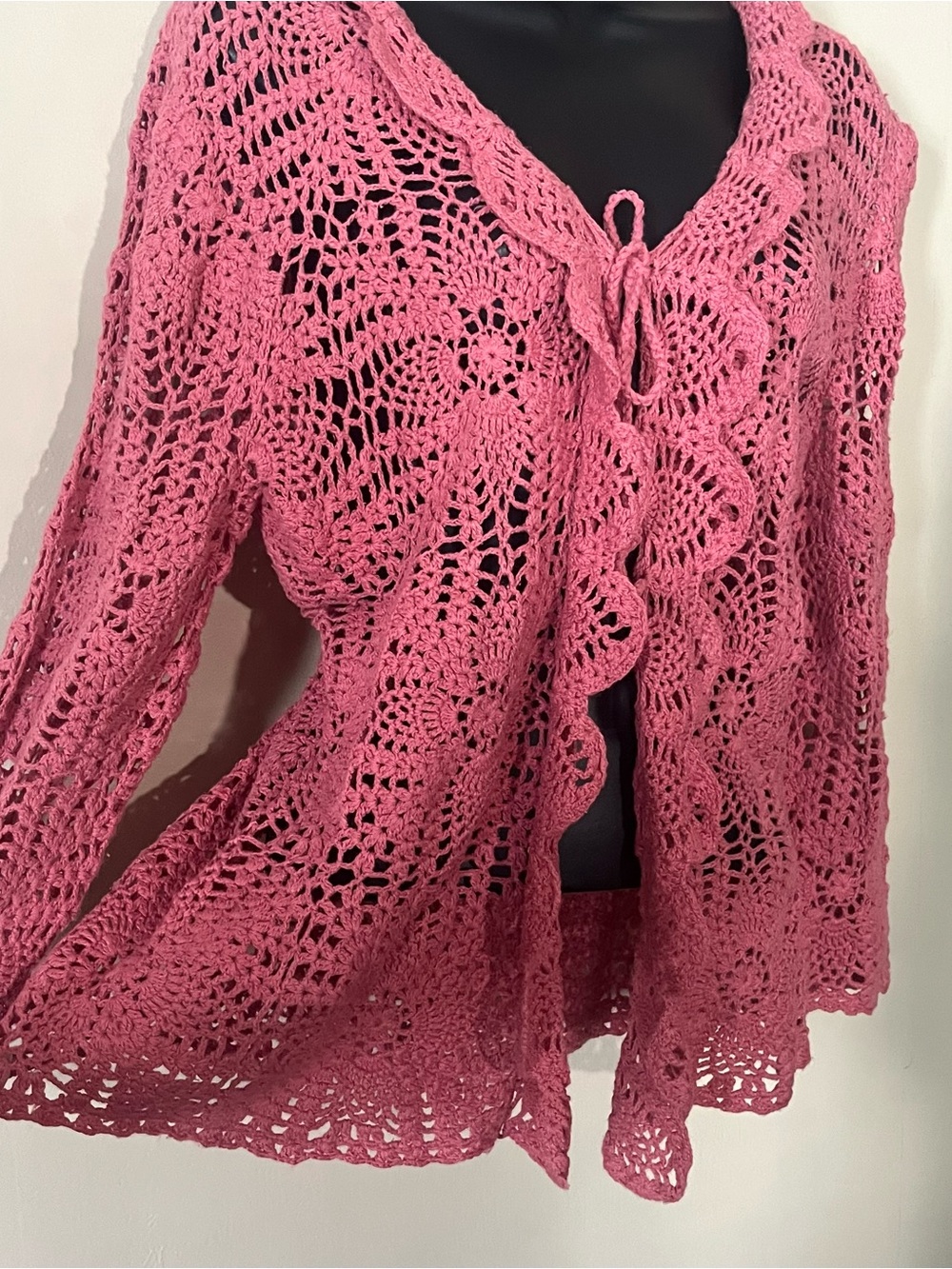 Y2k NWT Crochet cardigan ruffle sweater Rose mauve L boho cowgirl